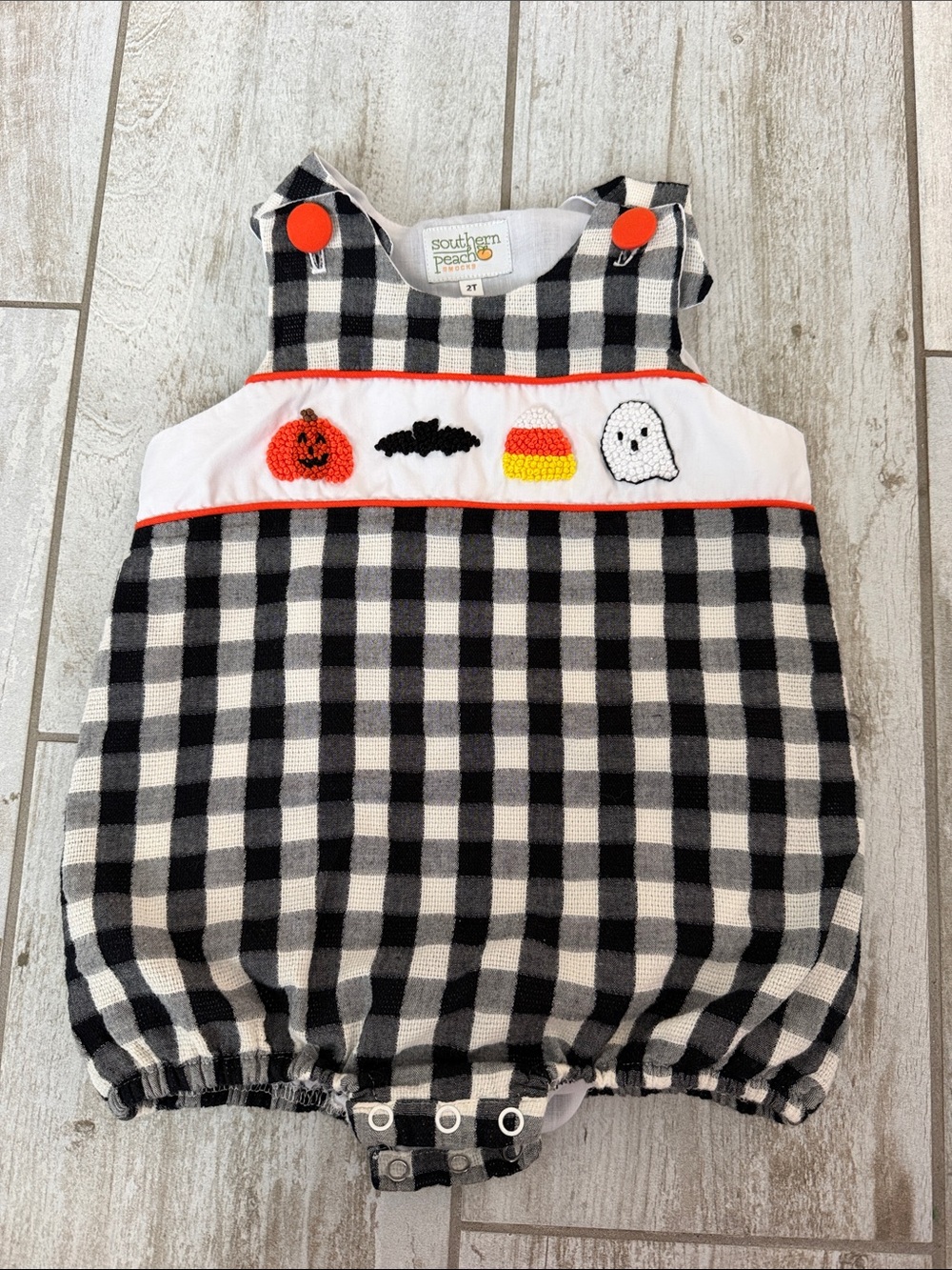 Southern Peach Black & White Buffalo Check Halloween Baby One-Piece Bodysuit